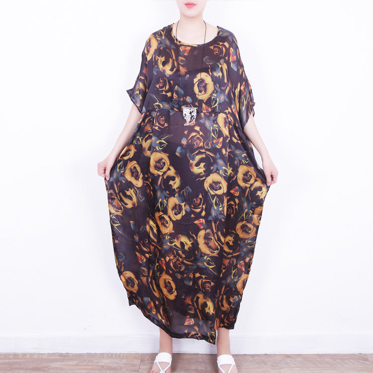 fine yellow floral silk dress plus size chiffon clothing patchwork traveling dress Fine o neck kaftans