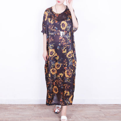 fine yellow floral silk dress plus size chiffon clothing patchwork traveling dress Fine o neck kaftans