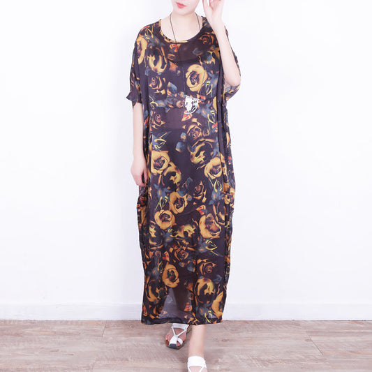 fine yellow floral silk dress plus size chiffon clothing patchwork traveling dress Fine o neck kaftans