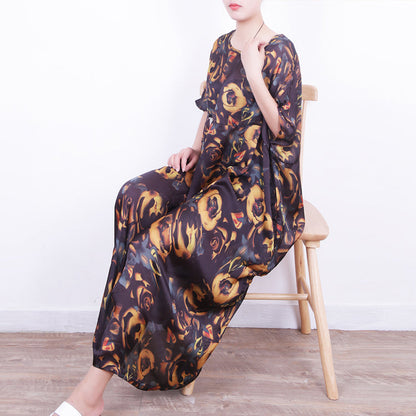 fine yellow floral silk dress plus size chiffon clothing patchwork traveling dress Fine o neck kaftans