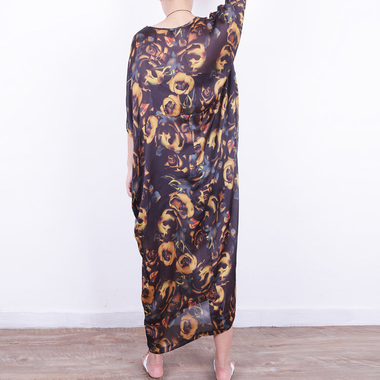 fine yellow floral silk dress plus size chiffon clothing patchwork traveling dress Fine o neck kaftans