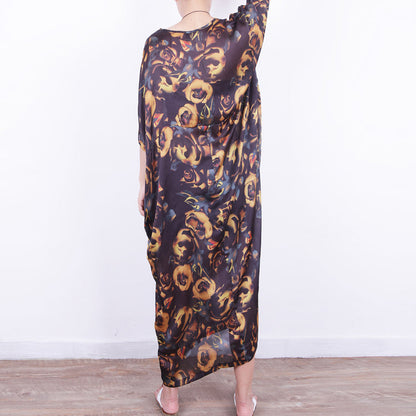 fine yellow floral silk dress plus size chiffon clothing patchwork traveling dress Fine o neck kaftans