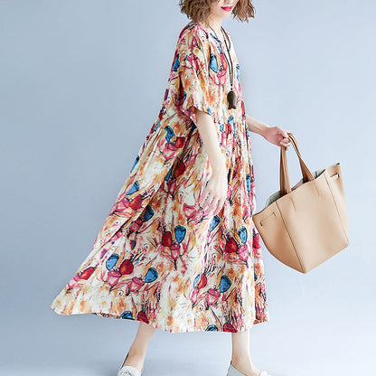 fine yellow long cotton linen dress oversize short sleeve baggy dresses print gown casual o neck traveling dress