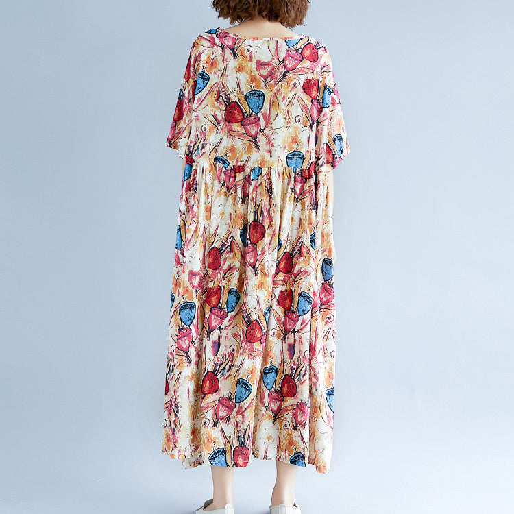 fine yellow long cotton linen dress oversize short sleeve baggy dresses print gown casual o neck traveling dress