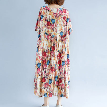 fine yellow long cotton linen dress oversize short sleeve baggy dresses print gown casual o neck traveling dress