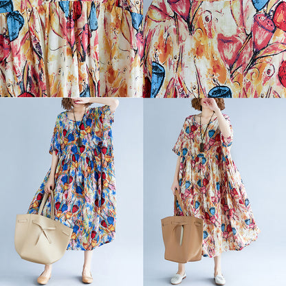 fine yellow long cotton linen dress oversize short sleeve baggy dresses print gown casual o neck traveling dress