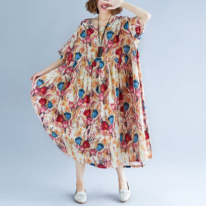 fine yellow long linen dress oversized short sleeve print cotton gown 2018 O neck linen cotton dress