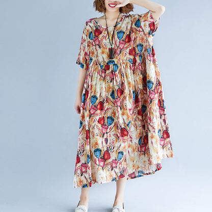 fine yellow long linen dress oversized short sleeve print cotton gown 2018 O neck linen cotton dress