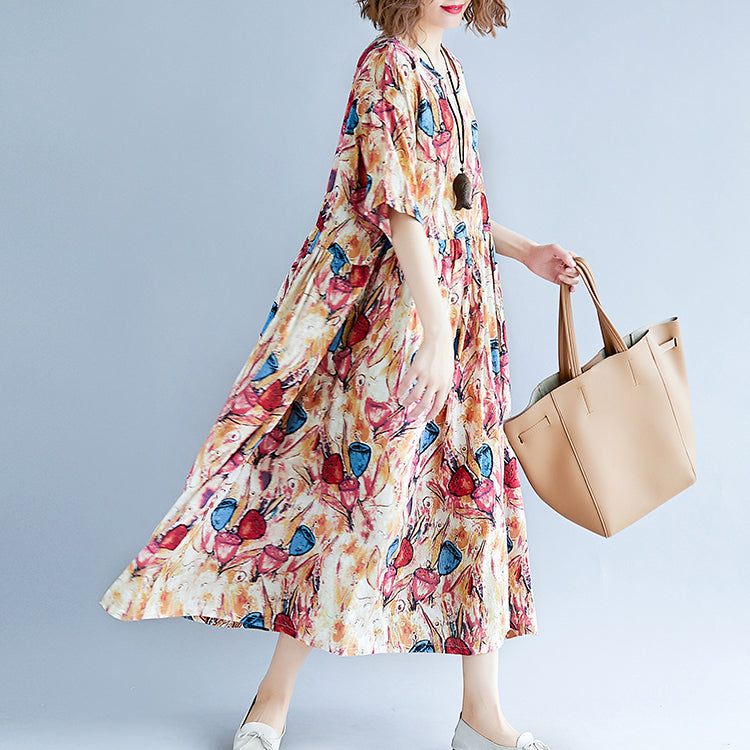 fine yellow long linen dress oversized short sleeve print cotton gown 2018 O neck linen cotton dress