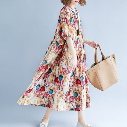 fine yellow long linen dress oversized short sleeve print cotton gown 2018 O neck linen cotton dress