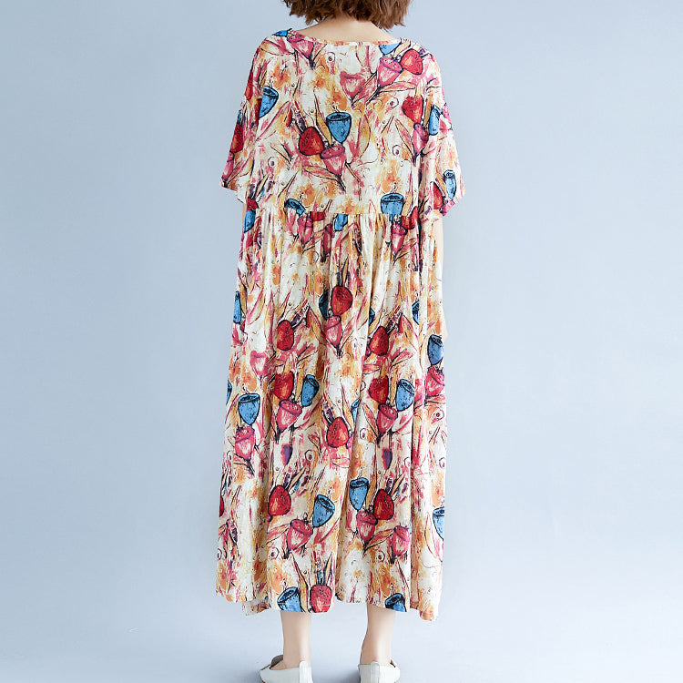 fine yellow long linen dress oversized short sleeve print cotton gown 2018 O neck linen cotton dress