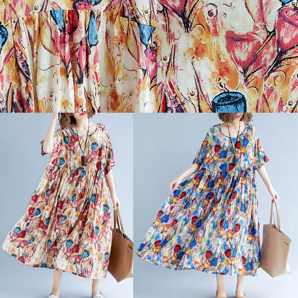 fine yellow long linen dress oversized short sleeve print cotton gown 2018 O neck linen cotton dress