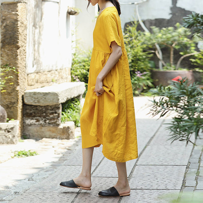 fine yellow natural linen dress trendy plus size O neck traveling clothing Elegant short sleeve tie waist maxi dresses