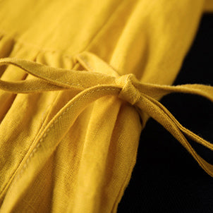 fine yellow natural linen dress trendy plus size O neck traveling clothing Elegant short sleeve tie waist maxi dresses