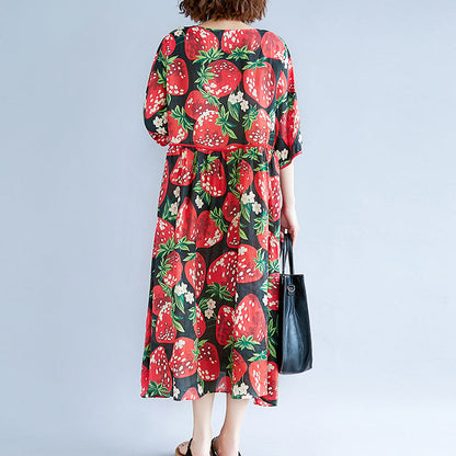 trendy black silk blended summer dress o neck short sleeve summer dress print baggy dresses