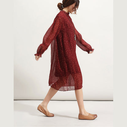 trendy burgundy dotted summer dress Stand long sleeve bridesmaid dress Cinched tulle dress