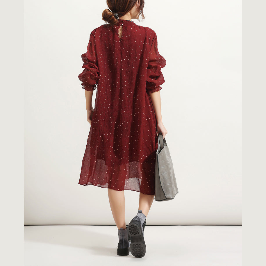 trendy burgundy dotted summer dress Stand long sleeve bridesmaid dress Cinched tulle dress