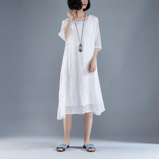 trendy maxi dresses bohemian style Flower Summer Fake Two-piece Retro White Dress