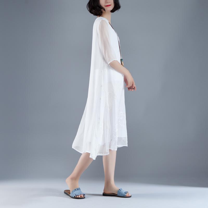 trendy maxi dresses bohemian style Flower Summer Fake Two-piece Retro White Dress