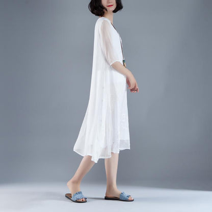 trendy maxi dresses bohemian style Flower Summer Fake Two-piece Retro White Dress