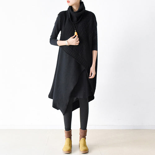 two pieces black knit dresses asymmetrical winter dress asymmetrical design 2025 winter