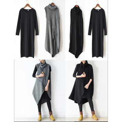 two pieces black knit dresses asymmetrical winter dress asymmetrical design 2025 winter
