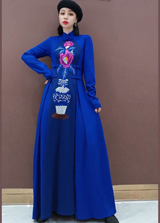 vintage Blue Stand Collar Embroideried long Dresses Spring