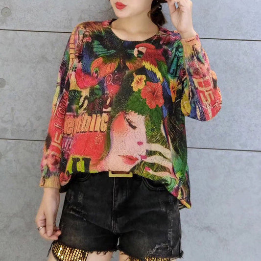 vintage belle print casual cotton sweater t shirt oversize o neck knit tops warm winter