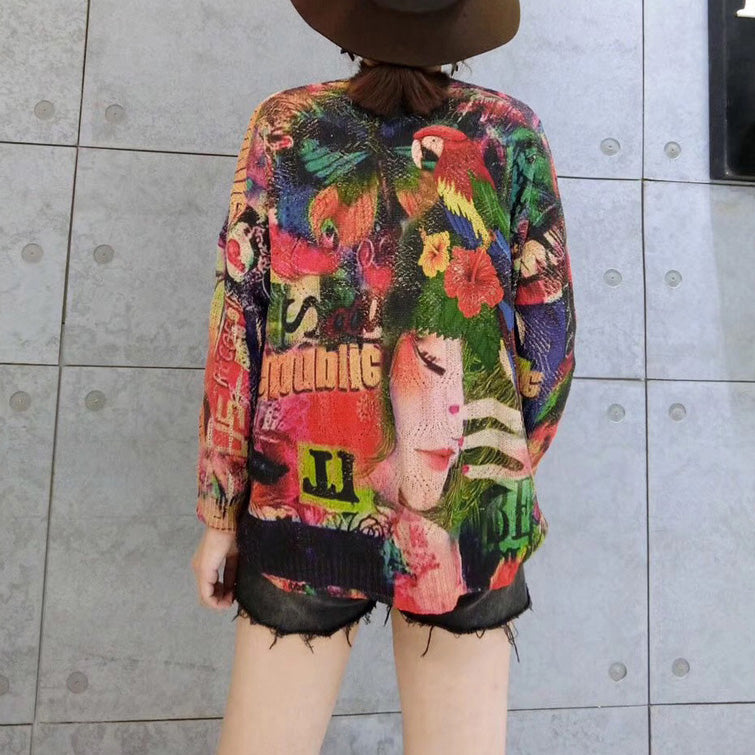 vintage belle print casual cotton sweater t shirt oversize o neck knit tops warm winter