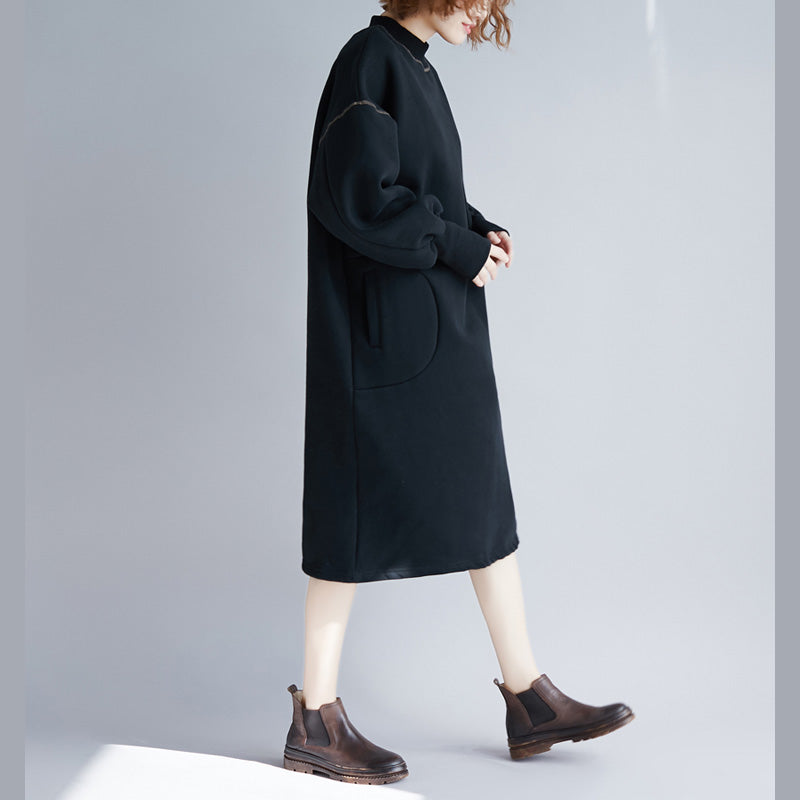 vintage black Midi cotton dresses oversize warm long sleeve thick cotton clothing dresses o neck holiday dresses