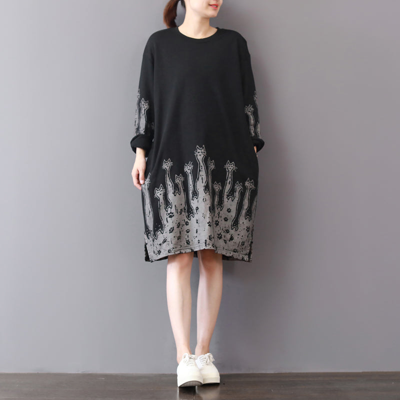 vintage black fall dress Loose fitting cotton cotton dress prints Fine side open autumn dress