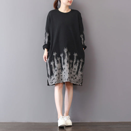 vintage black fall dress Loose fitting cotton cotton dress prints Fine side open autumn dress