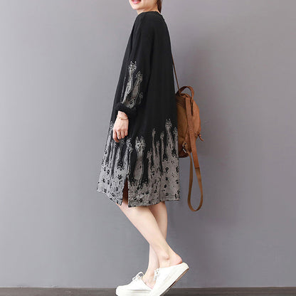 vintage black fall dress Loose fitting cotton cotton dress prints Fine side open autumn dress