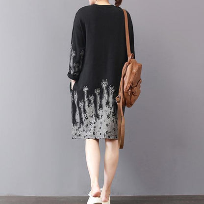 vintage black fall dress Loose fitting cotton cotton dress prints Fine side open autumn dress