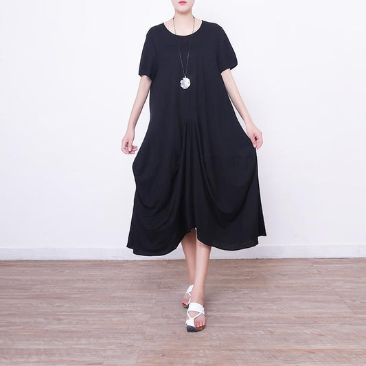 vintage black long linen dress plus size short sleeve linen clothing dresses New asymmetric hem maxi dresses