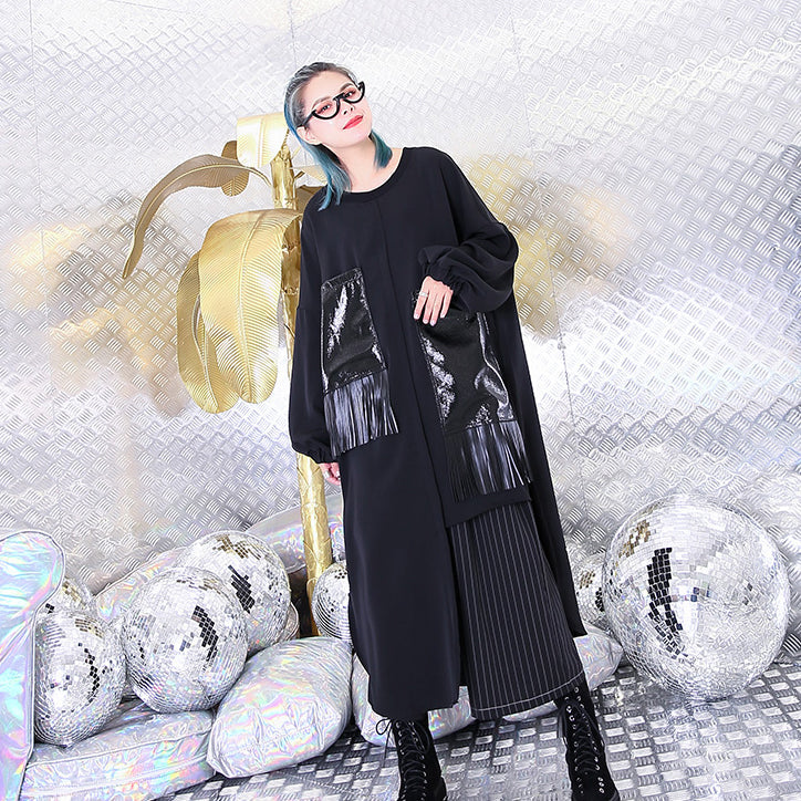 vintage black natural silk cotton blended dress trendy plus size O neck baggy dresses gown casual pockets tassel dresses