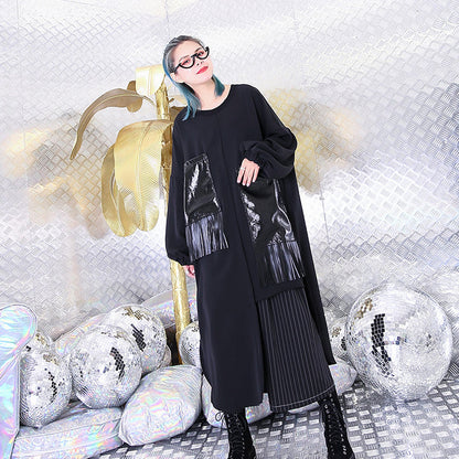 vintage black natural silk cotton blended dress trendy plus size O neck baggy dresses gown casual pockets tassel dresses