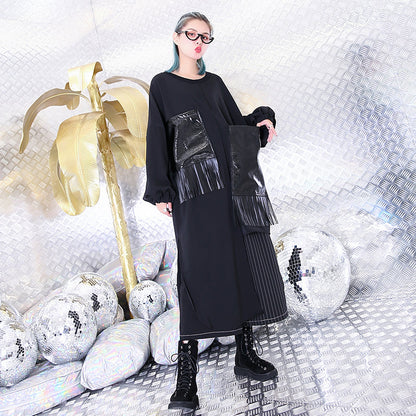 vintage black natural silk cotton blended dress trendy plus size O neck baggy dresses gown casual pockets tassel dresses