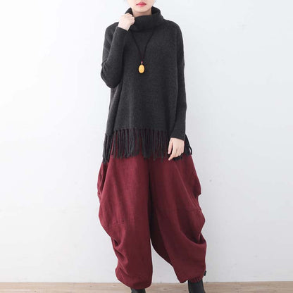 vintage blackish green cozy sweater fall fashion tassel knit sweat tops Elegant high neck shirt