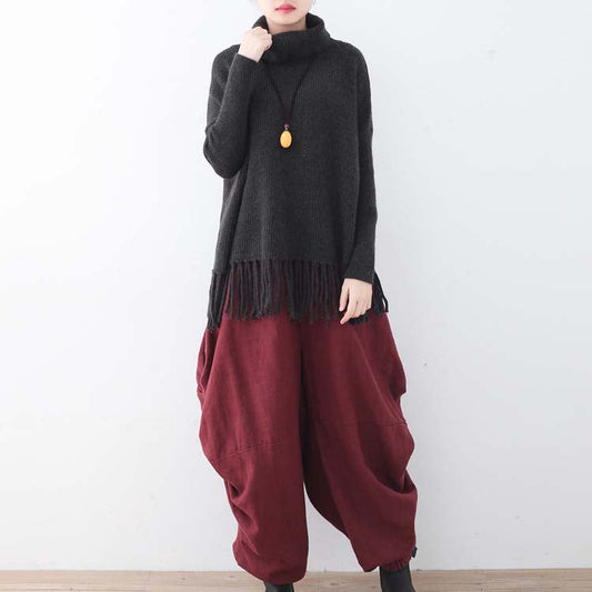 vintage blackish green cozy sweater fall fashion tassel knit sweat tops Elegant high neck shirt