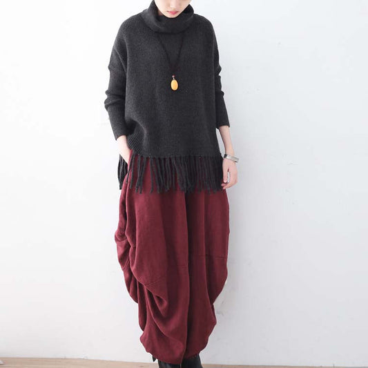 vintage blackish green cozy sweater fall fashion tassel knit sweat tops Elegant high neck shirt