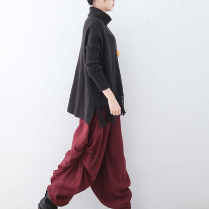 vintage blackish green cozy sweater fall fashion tassel knit sweat tops Elegant high neck shirt