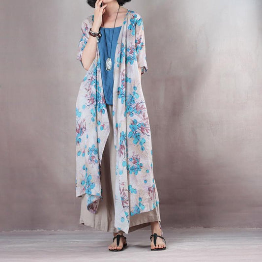 vintage blue floral long linen dresses plus size v neck linen gown vintage half sleeve tie waist kaftans