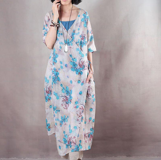 vintage blue floral long linen dresses plus size v neck linen gown vintage half sleeve tie waist kaftans