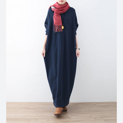 vintage blue knit dress plussize winter dresses Fine batwing sleeve winter dress