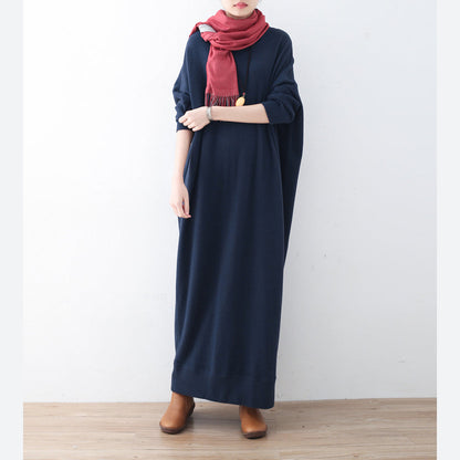 vintage blue knit dress plussize winter dresses Fine batwing sleeve winter dress