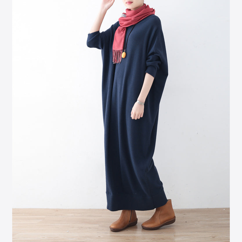 vintage blue knit dress plussize winter dresses Fine batwing sleeve winter dress