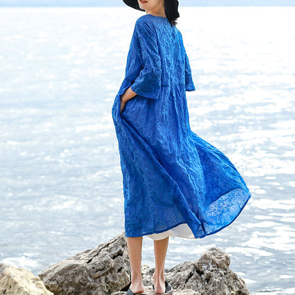 vintage blue natural silk linen dress Loose fitting O neck silk linen clothing dresses women Three Quarter sleeve baggy dresses