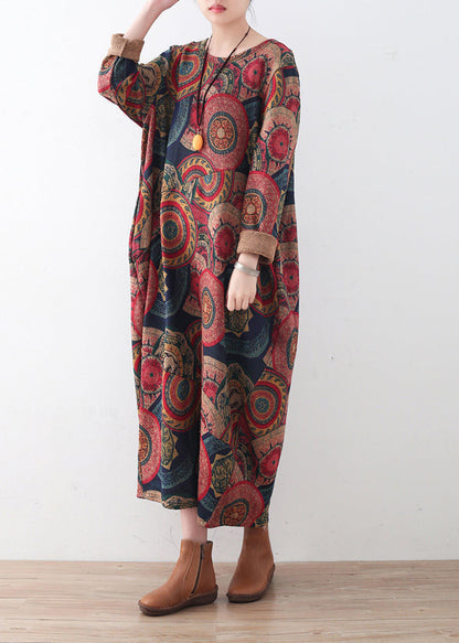 vintage blue red prints sweater dresses plus size clothing sweater casual o neck winter dress