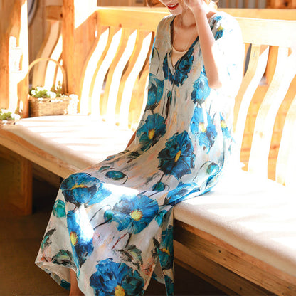 vintage blue white print linen maxi dress Loose fitting V neck linen gown fine half sleeve baggy dresses